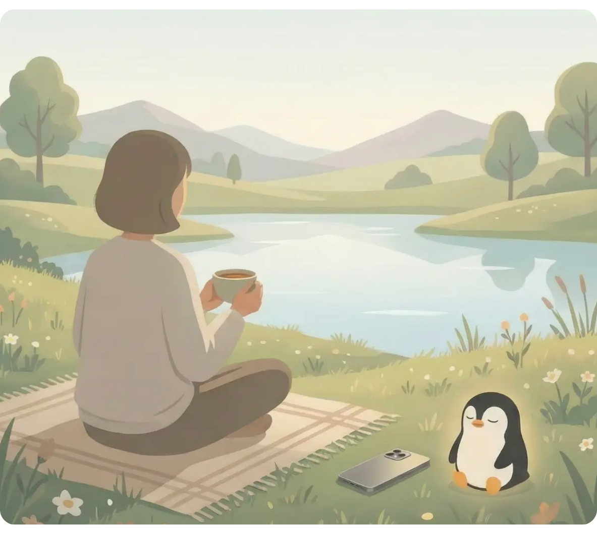 waddle huddle - a person sitting peacefully by a lake with a penguin companion