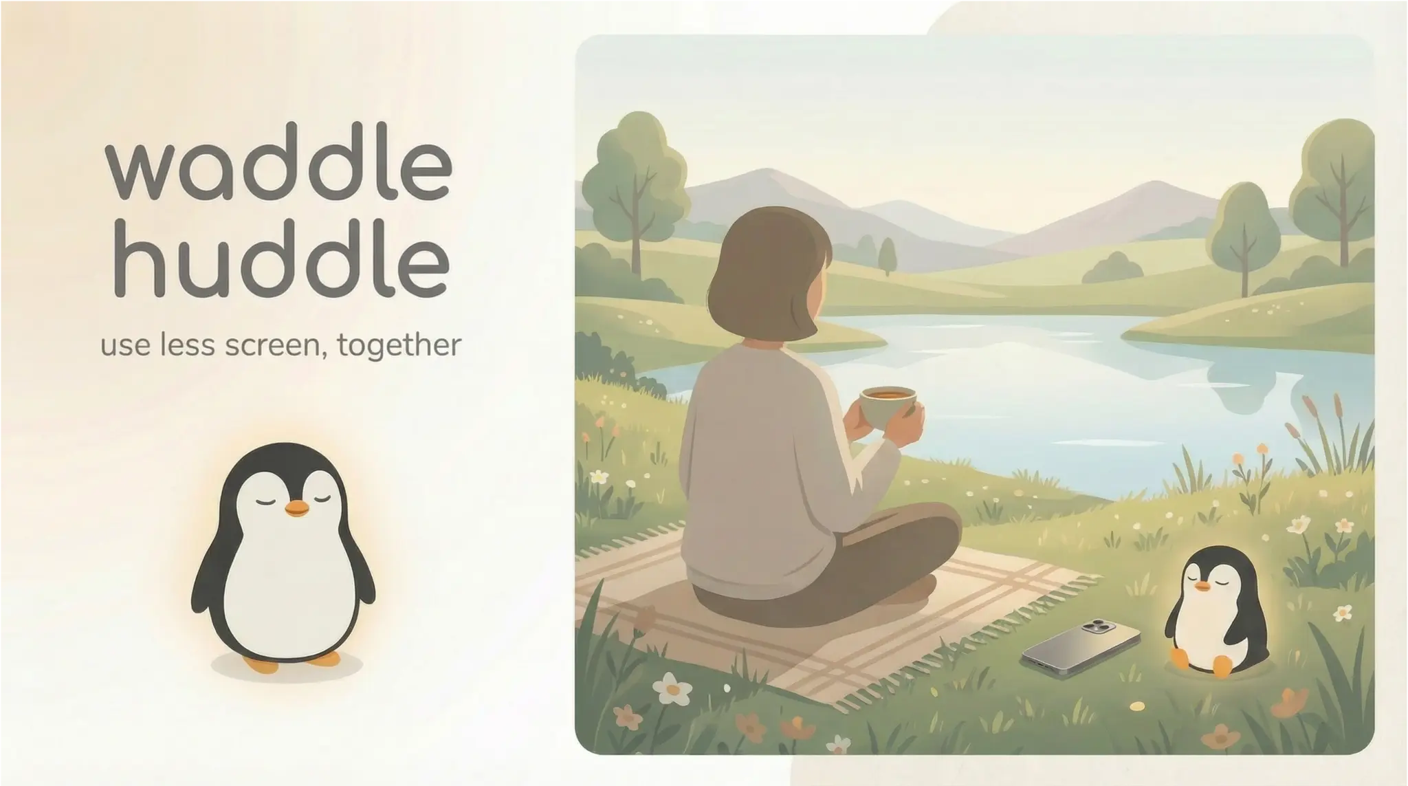 waddle huddle - a person sitting peacefully by a lake with a penguin companion